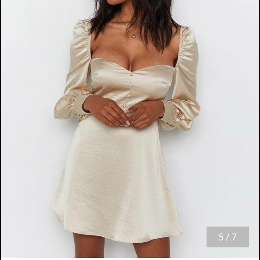Satin Puff Sleeve Button Dress